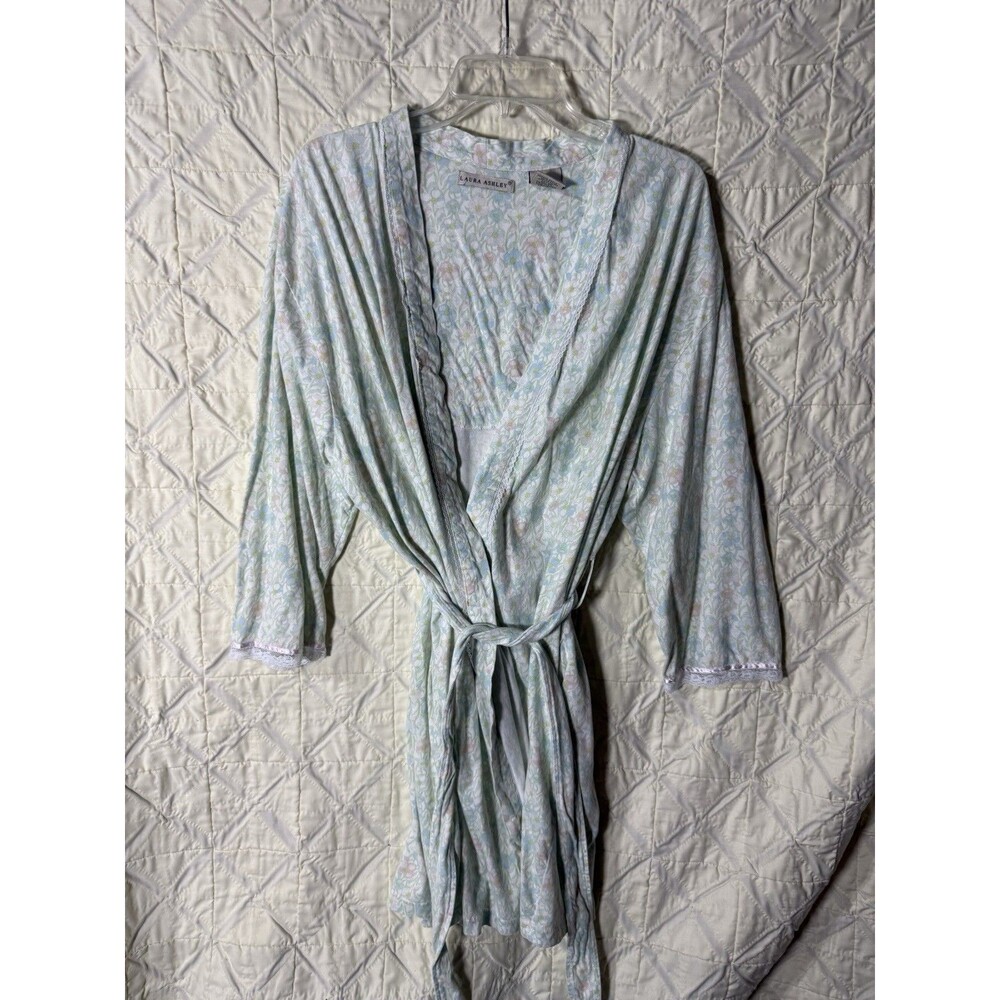 Laura Ashley Women's Floral 100% Cotton Lace Long Sleeve Tie Belt Robe L
